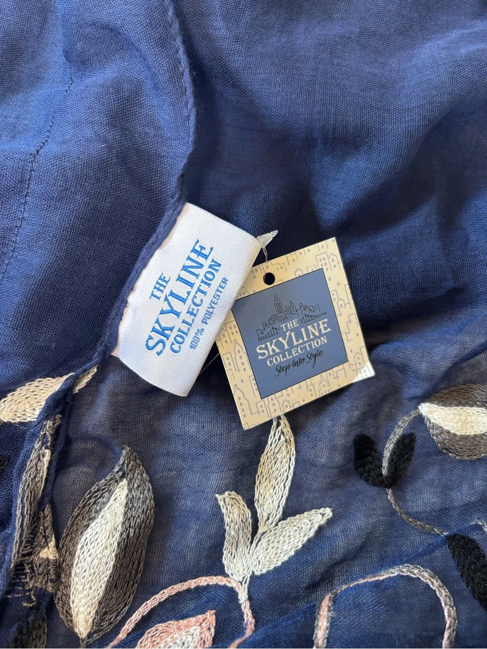 The Skyline Collection Blue Linen Woven Floral Embroidered Shawl Wrap Women NWT